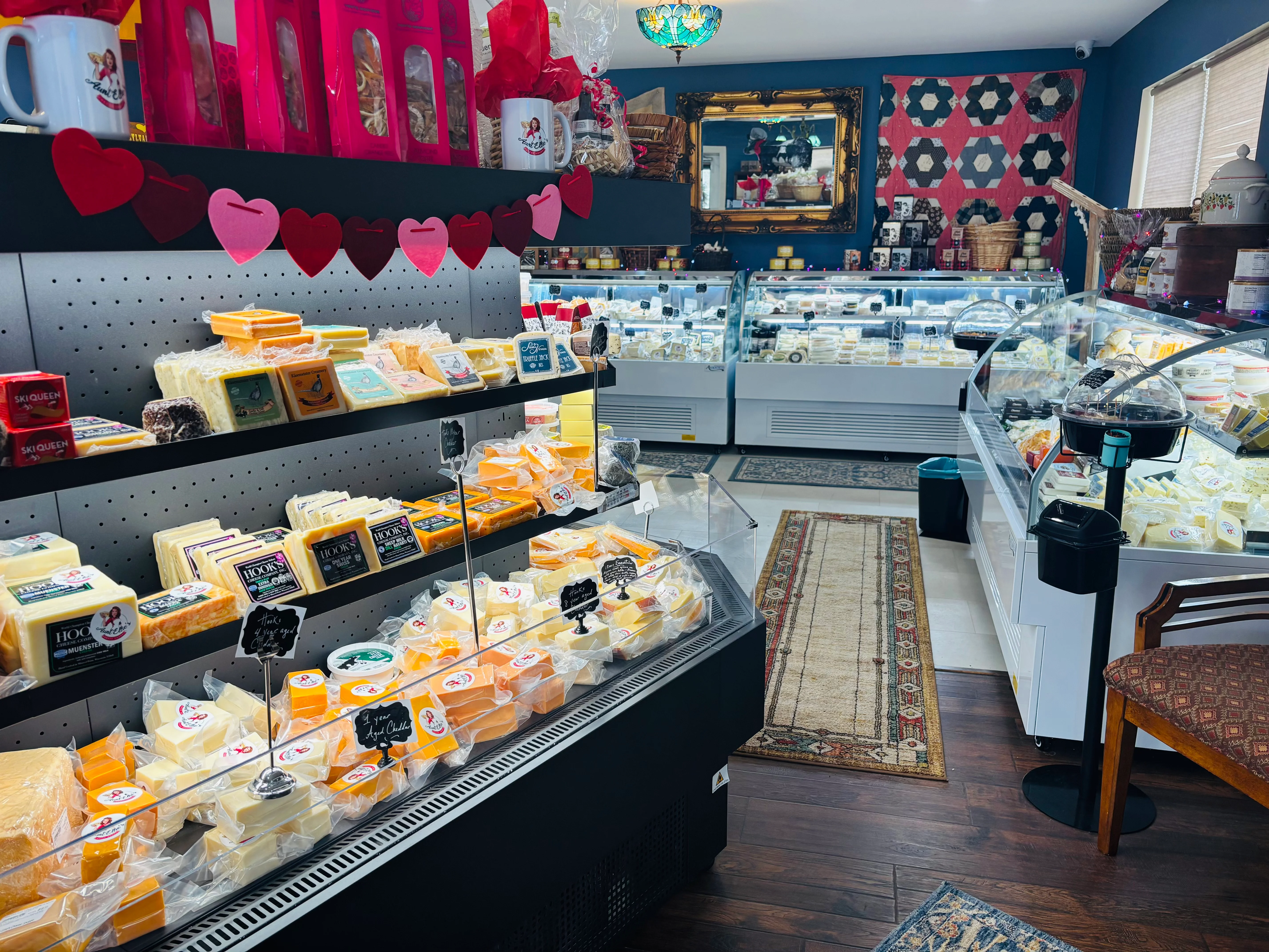Cheese display in a charming gourmet shop