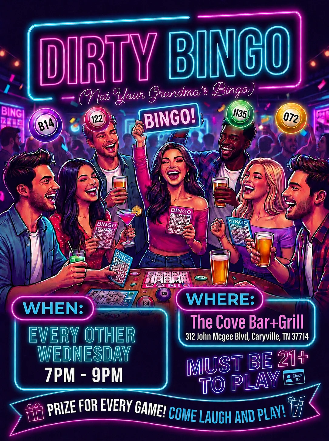 Promotional poster for Dirty Bingo night at The Cove Bar+Grill