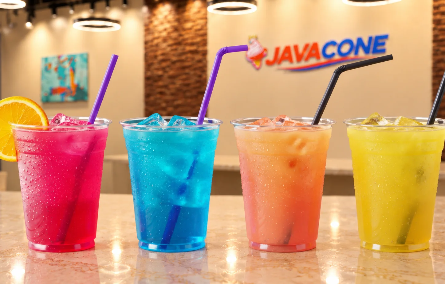 Three delicious coffee frappes in a modern café setting