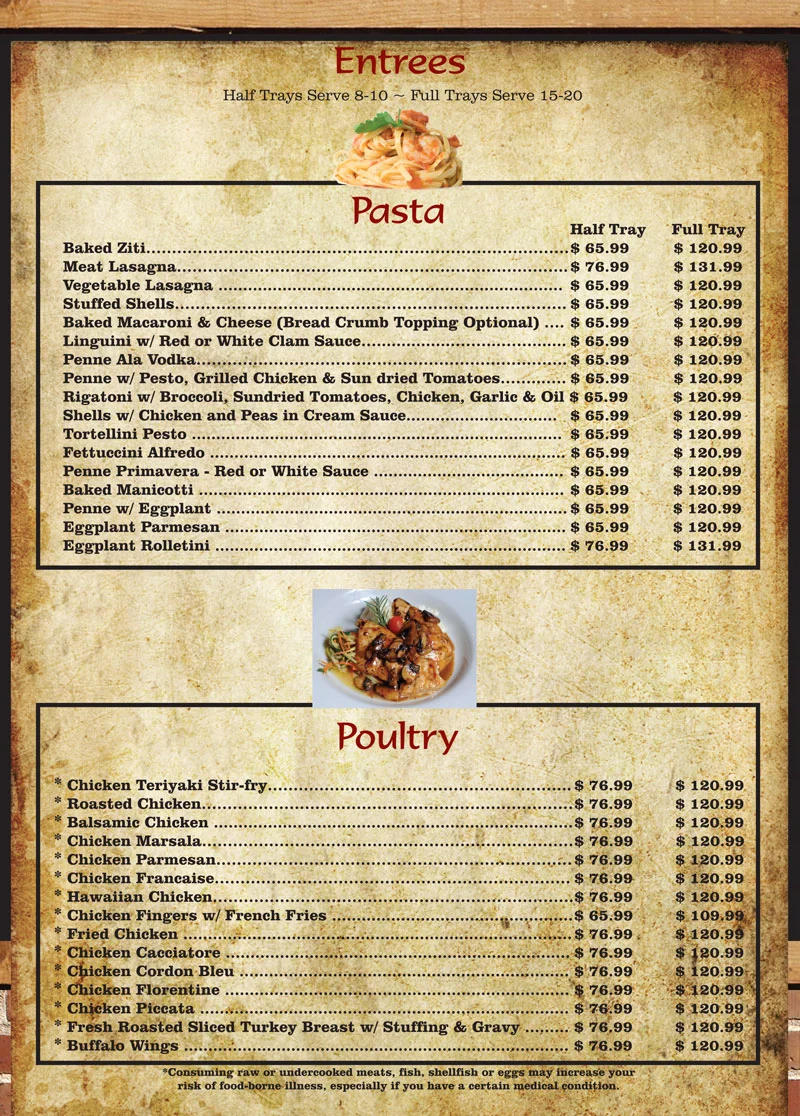 Pasta entrees menu featuring baked ziti and lasagna