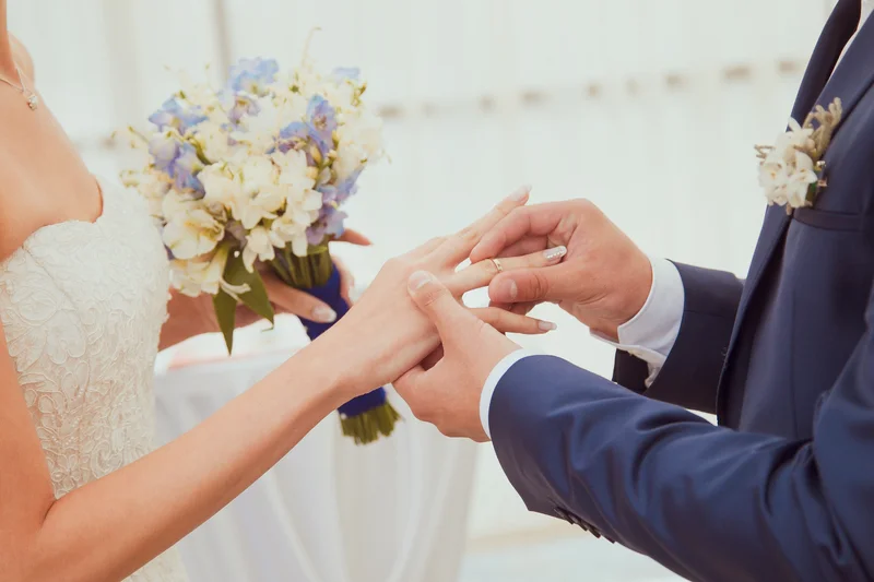 Couple exchanging wedding rings during ceremony