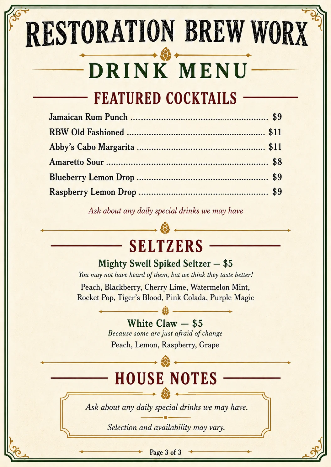 Drink menu featuring cocktails and seltzers at a brewpub