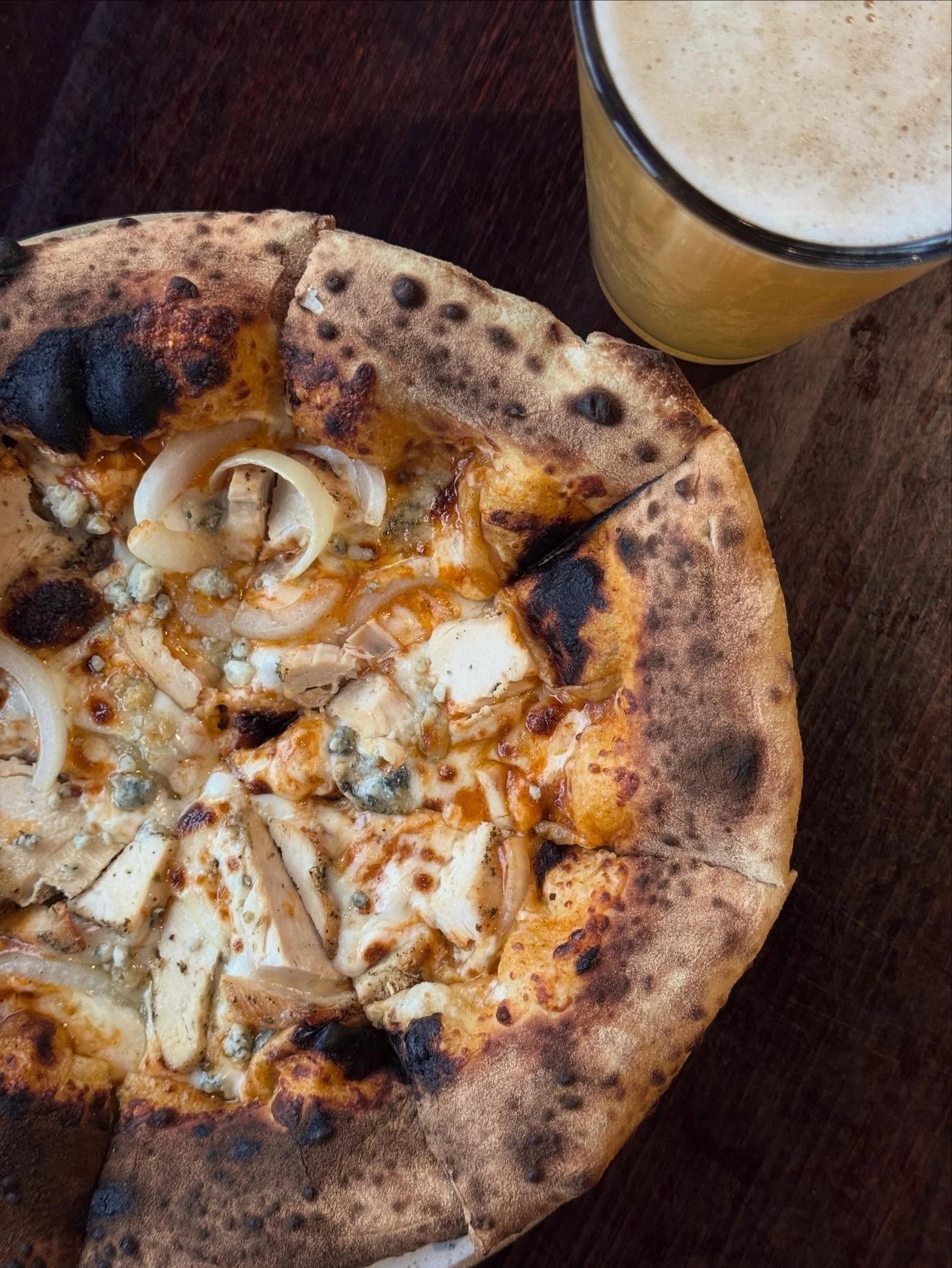 Buffalo chicken pizza with blue cheese
