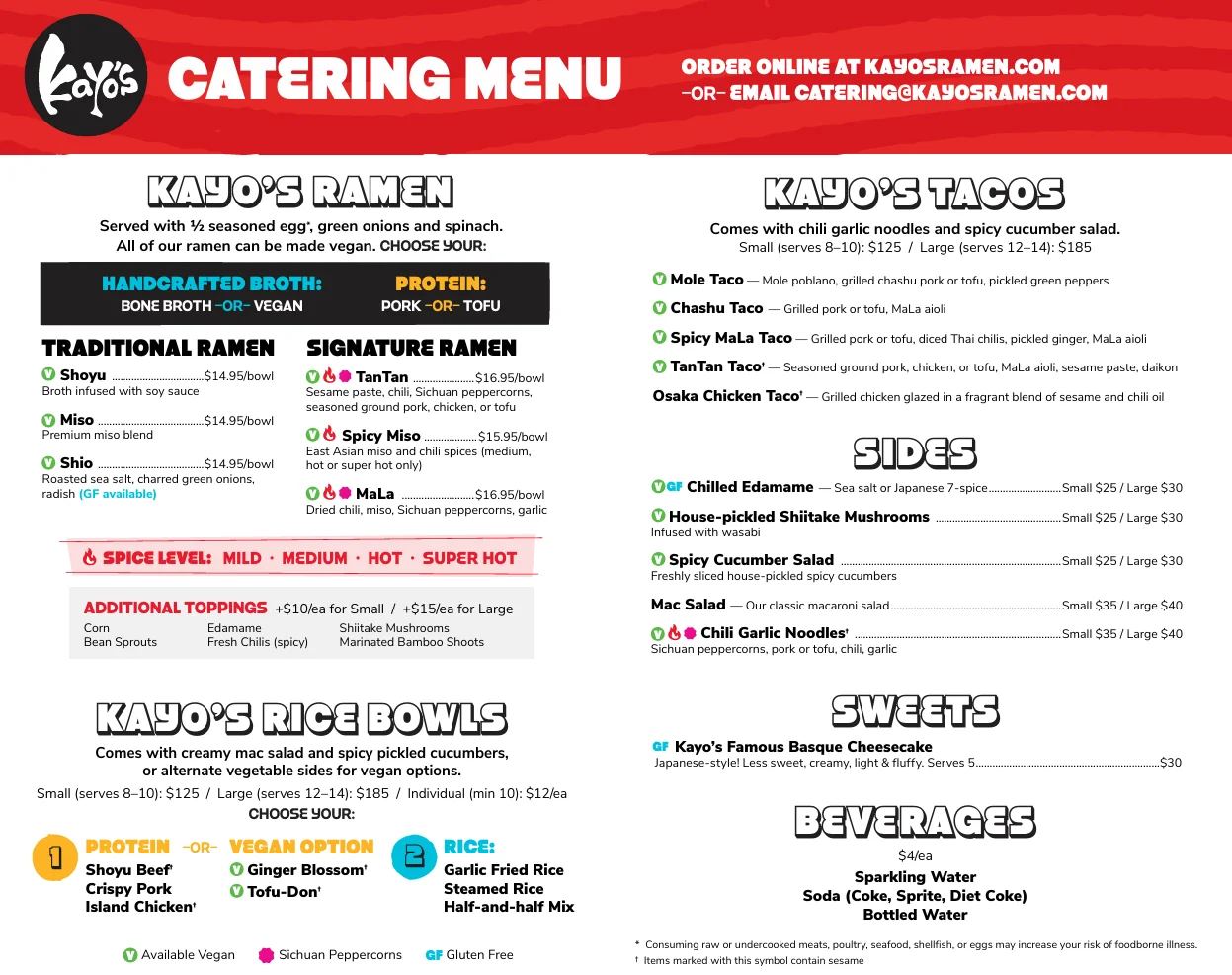 Catering menu for Japanese ramen and tacos