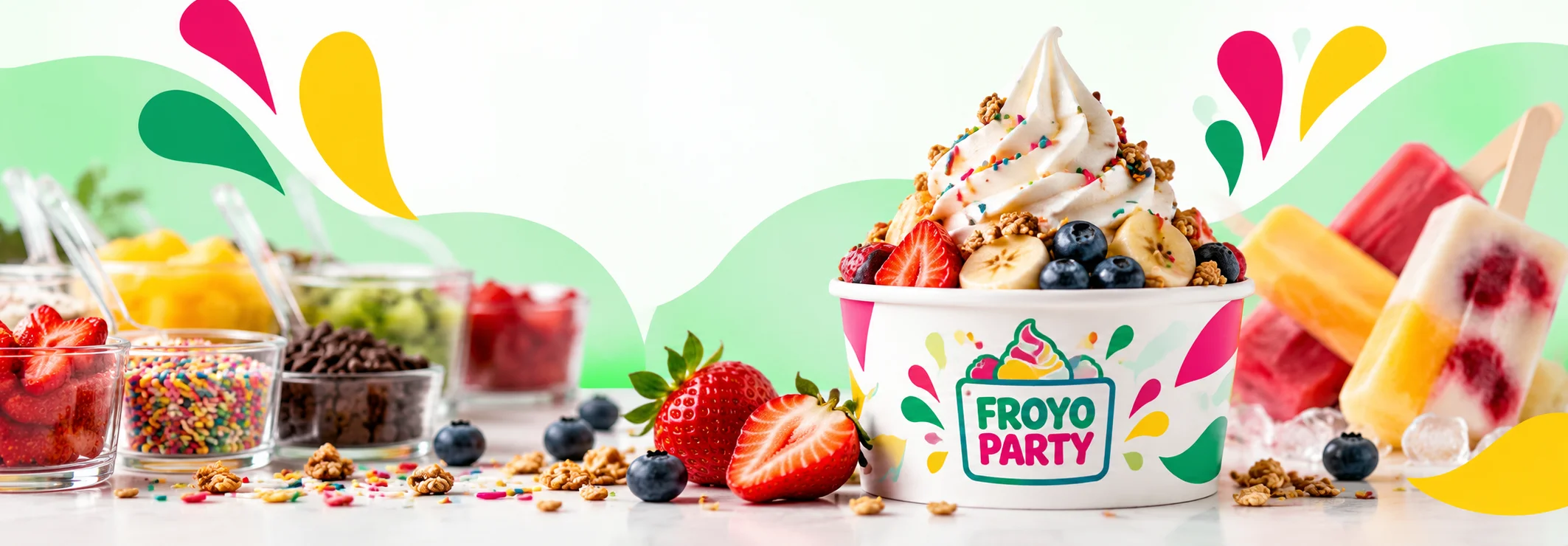 Colorful frozen yogurt cup with berries, granola, and sprinkles