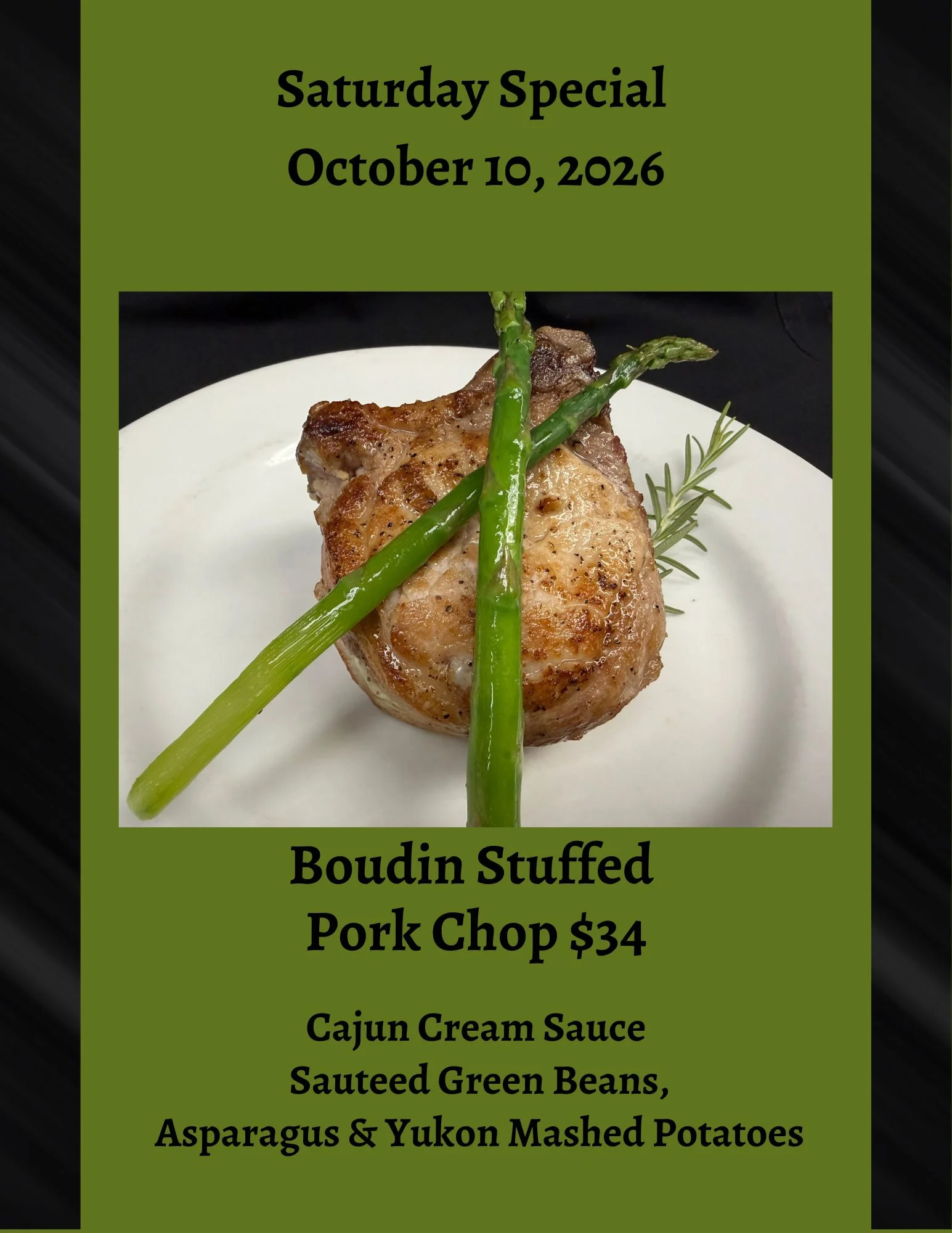 Boudin-stuffed pork chop with mashed potatoes and green beans