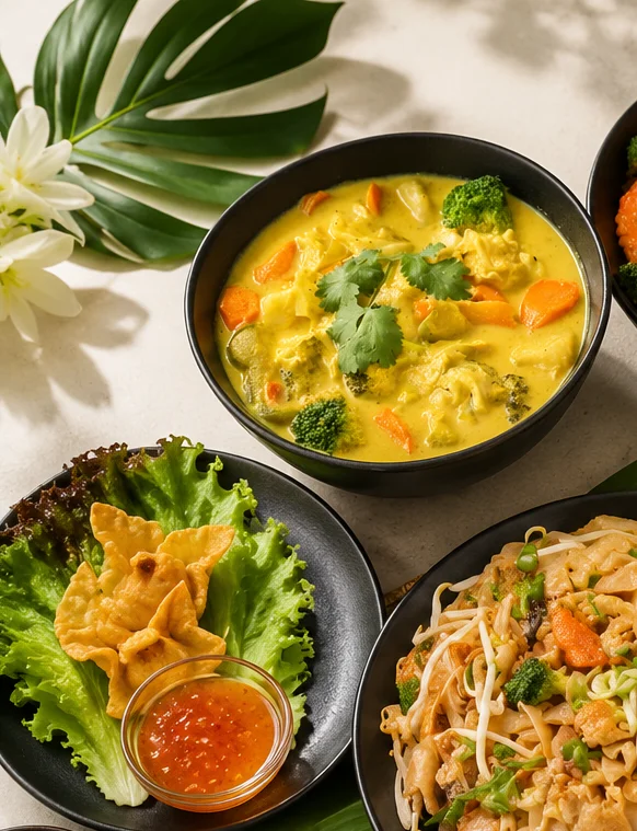 Assorted Asian dishes including pad thai and spring rolls