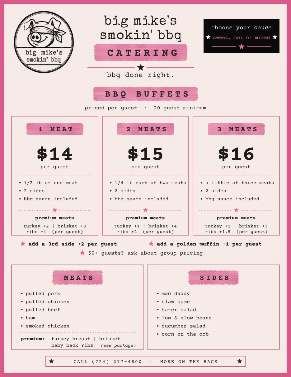 Big Mike's Smokin' BBQ catering guide, page 1: per-person BBQ buffets