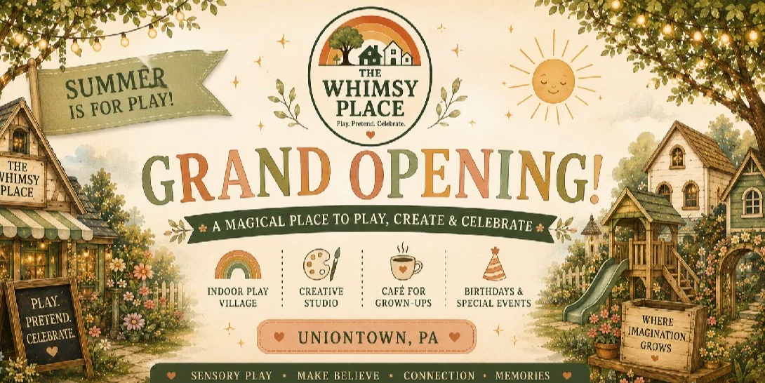 An inviting promotional image for the grand opening of The Whimsy Place, featuring whimsical illustrations of a play village, cafe, and outdoor play area.