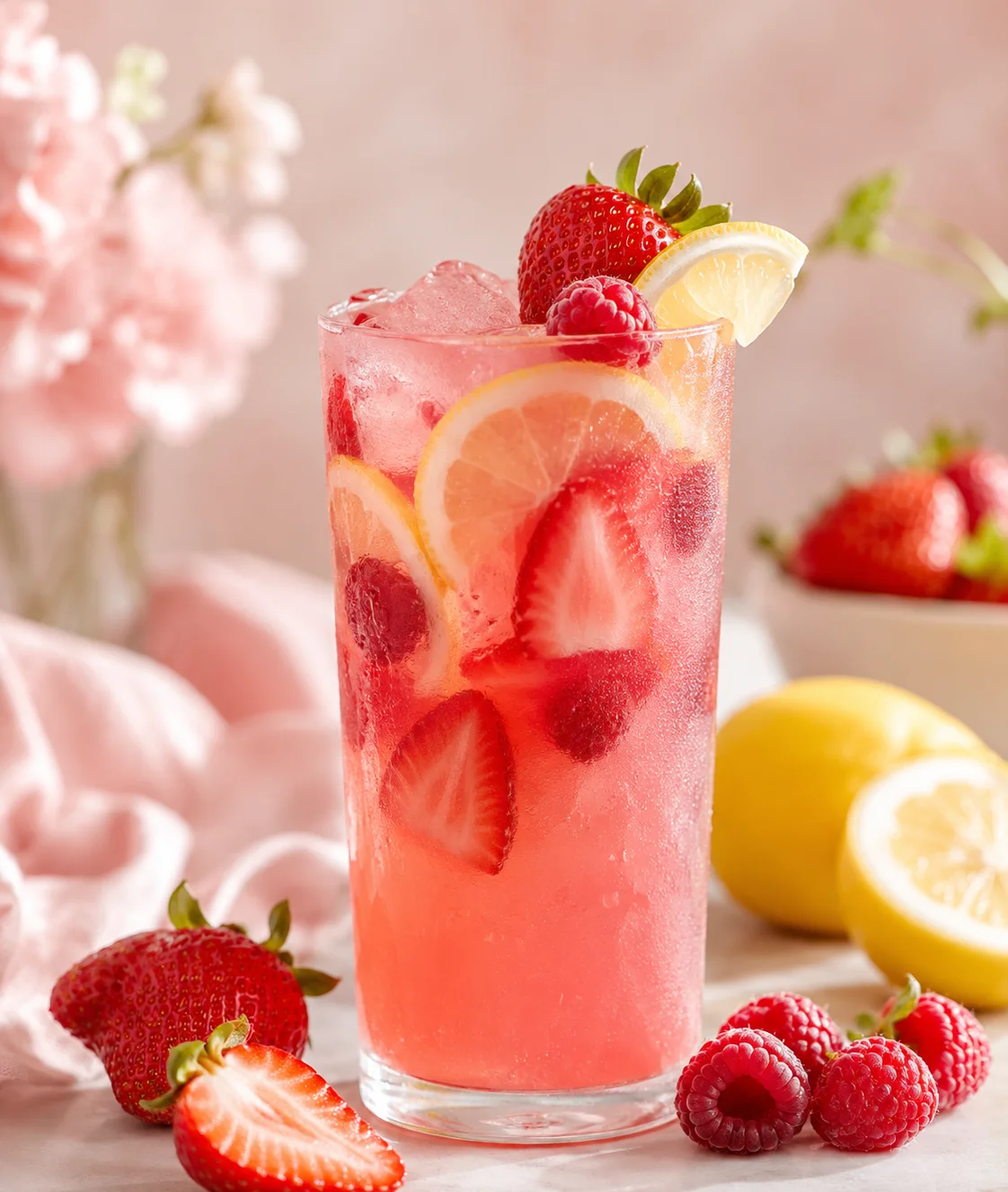 Refreshing strawberry lemonade cocktail with raspberries