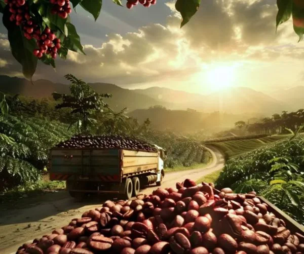 Coffee truck transporting fresh beans at sunrise