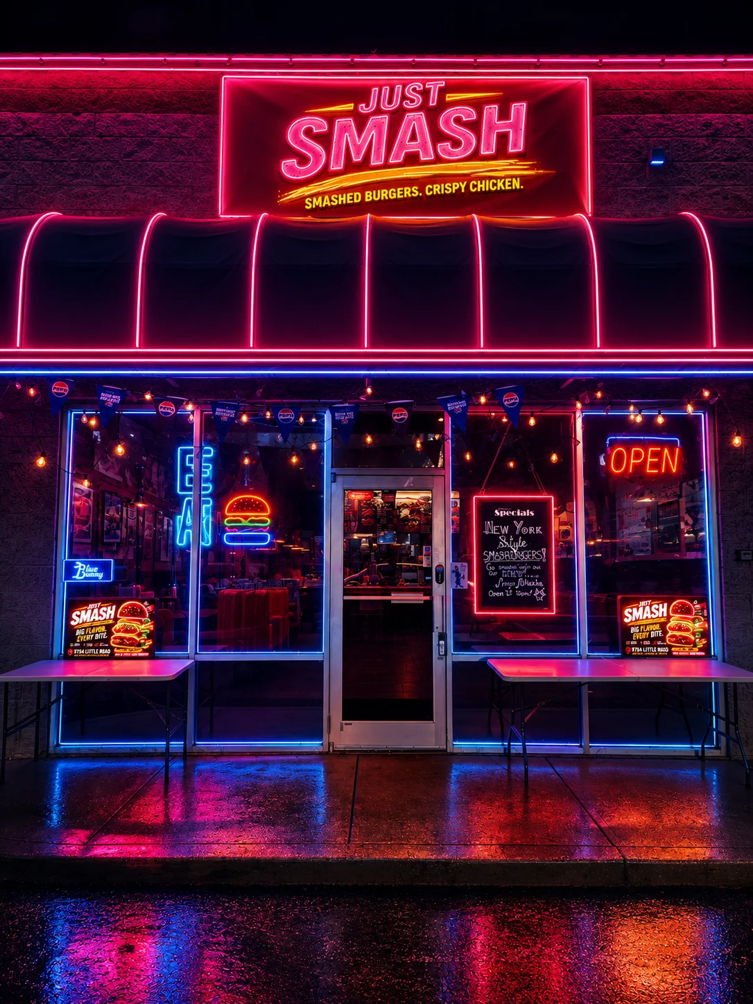Vibrant restaurant exterior with neon lights and open sign