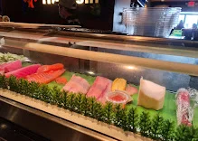 Assorted sushi selection on a display tray
