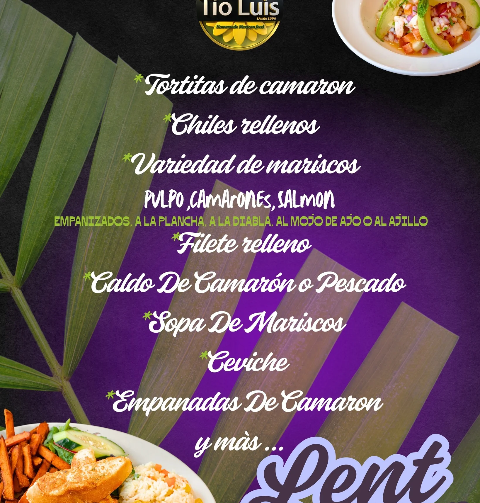 Lent season seafood platter featuring ceviche and stuffed chiles