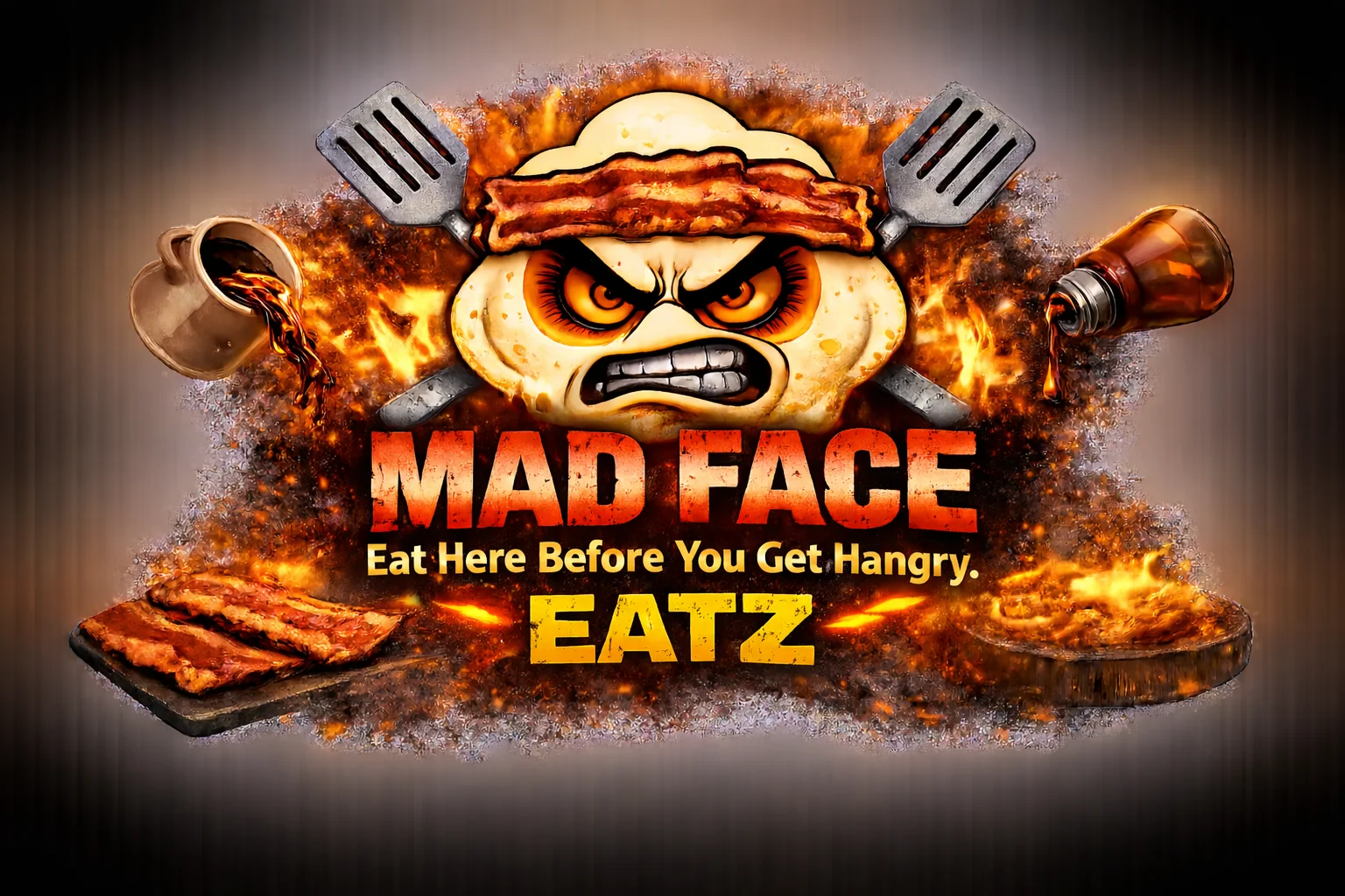 A colorful and humorous restaurant logo featuring a visually angry face made from food elements, with flames and kitchen utensils surrounding it. The text promotes the eatery with a playful warning about hunger.