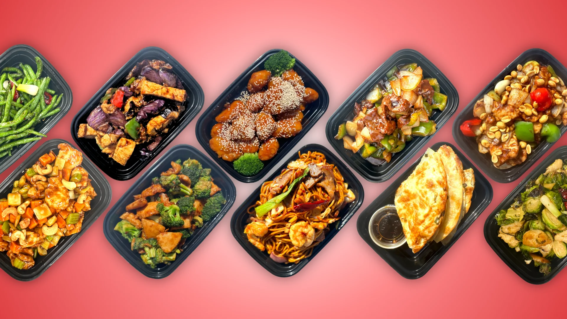 Assorted Chinese takeout dishes in black containers