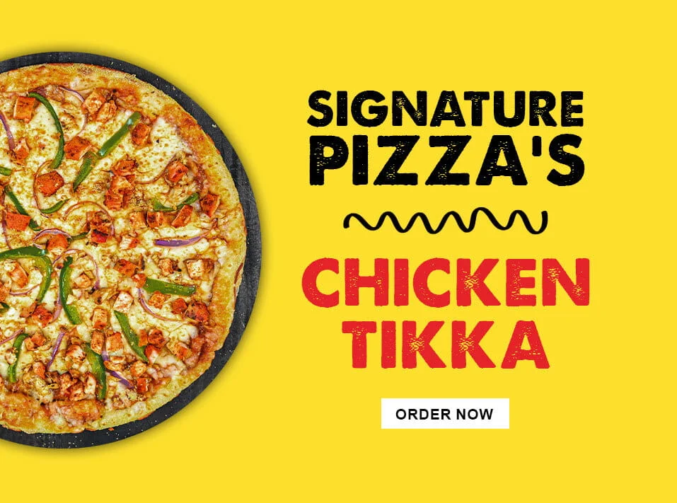 Chicken tikka pizza on a vibrant yellow background