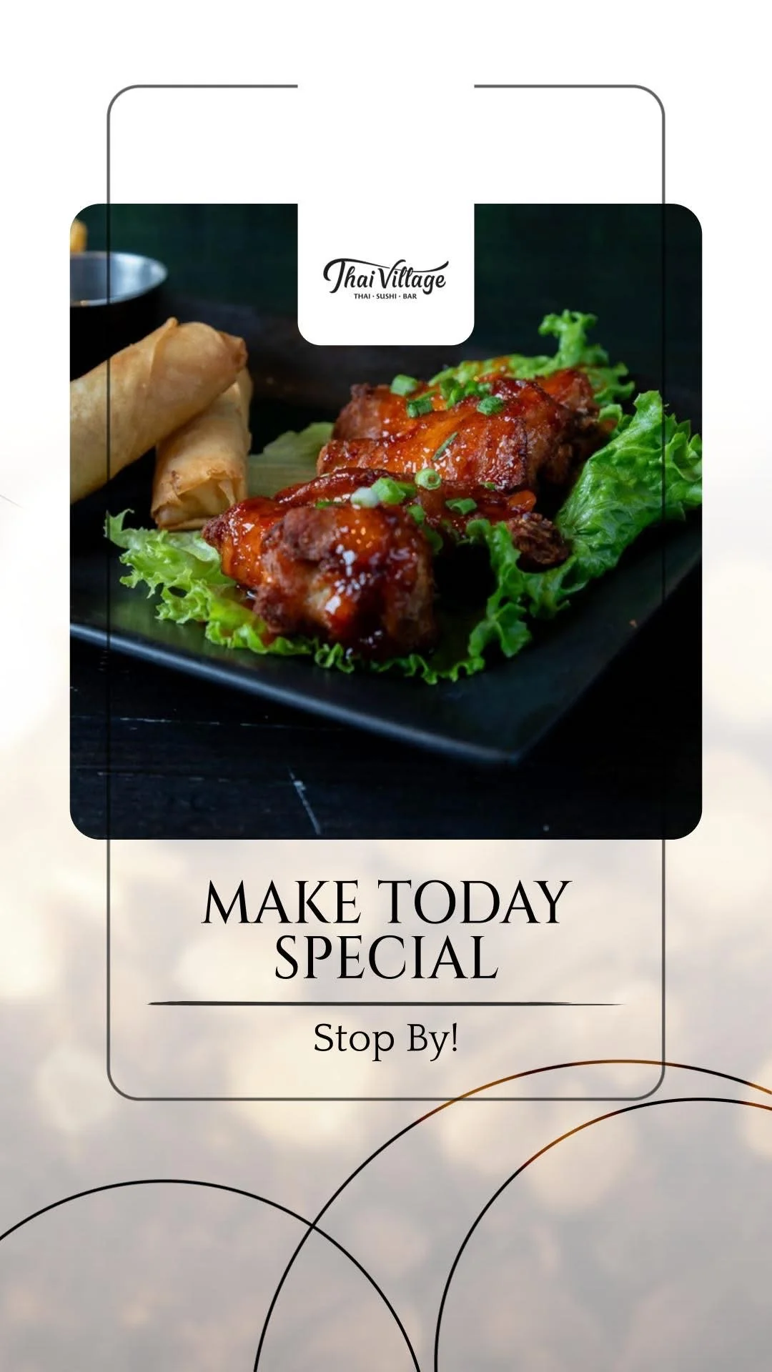 Thai BBQ chicken with spring rolls on a black plate