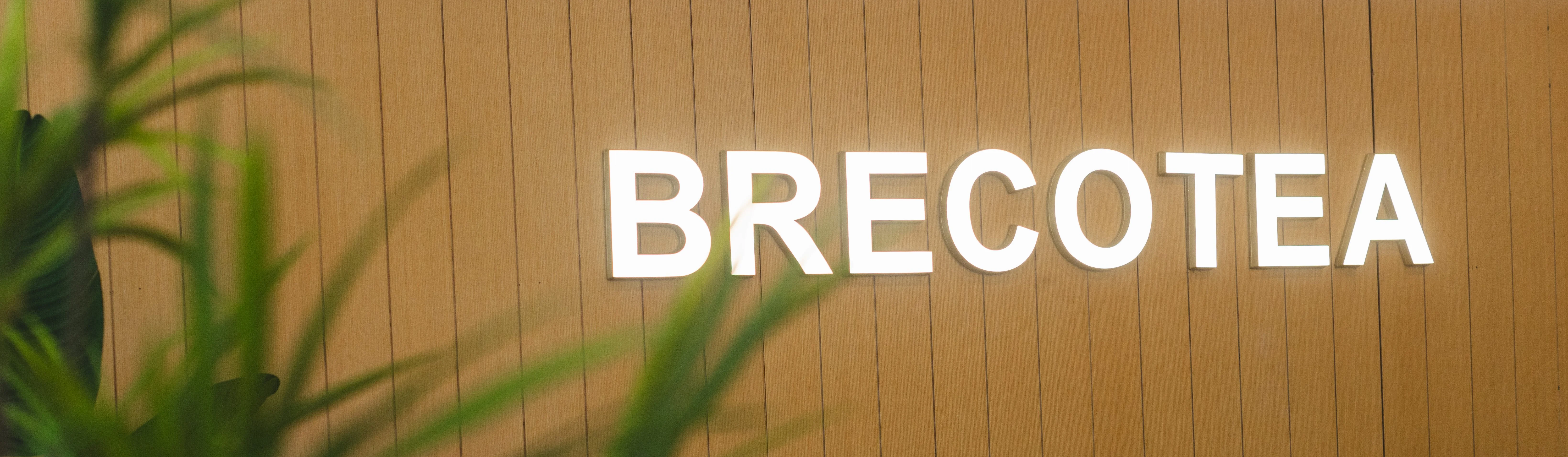 Modern restaurant sign for BRECOTEA with greenery