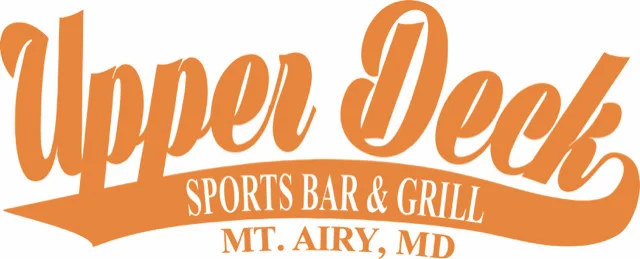 A logo for a sports bar and grill named 'Upper Deck' located in Mount Airy, Maryland, featuring a vibrant orange color scheme.