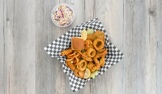 Southern fried seafood platter with coleslaw
