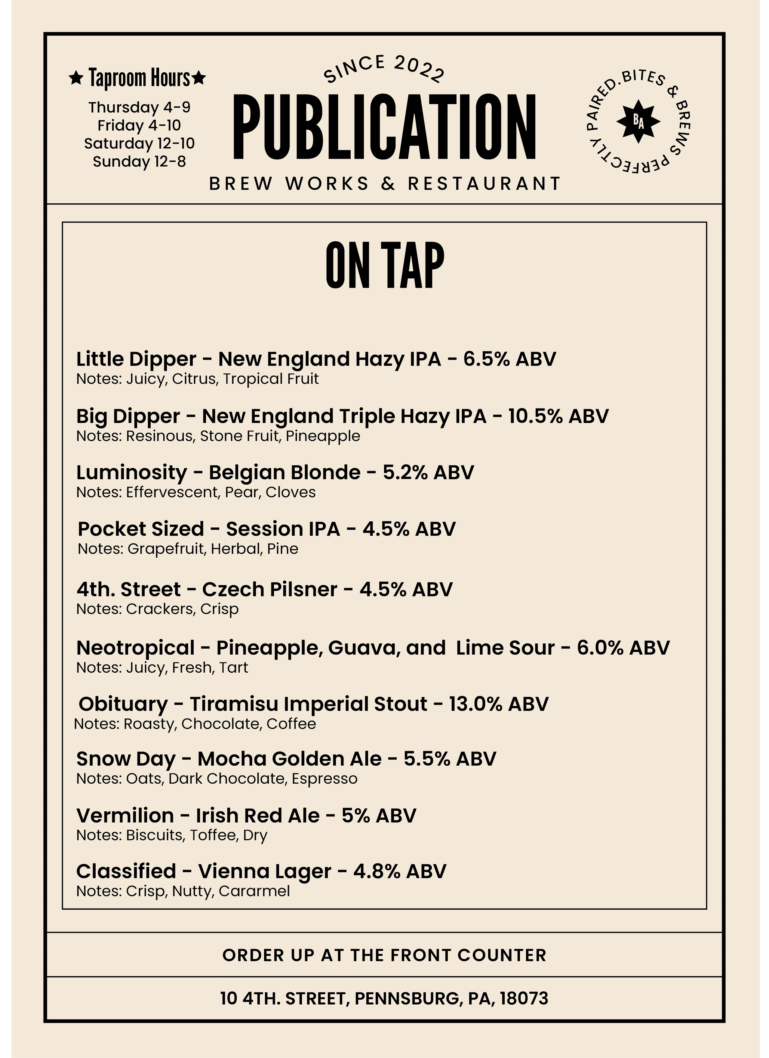 Menu showcasing a variety of drinks and food items at On Tap restaurant.