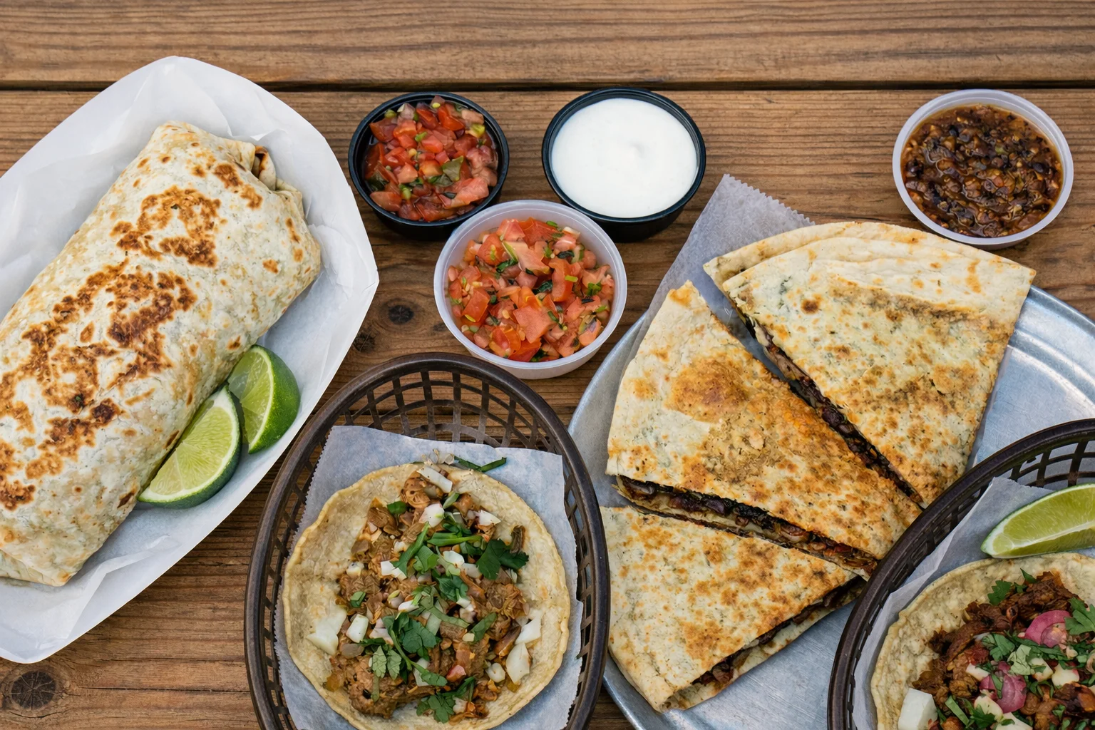 Delicious Mexican tacos and burrito served with fresh salsa and lime
