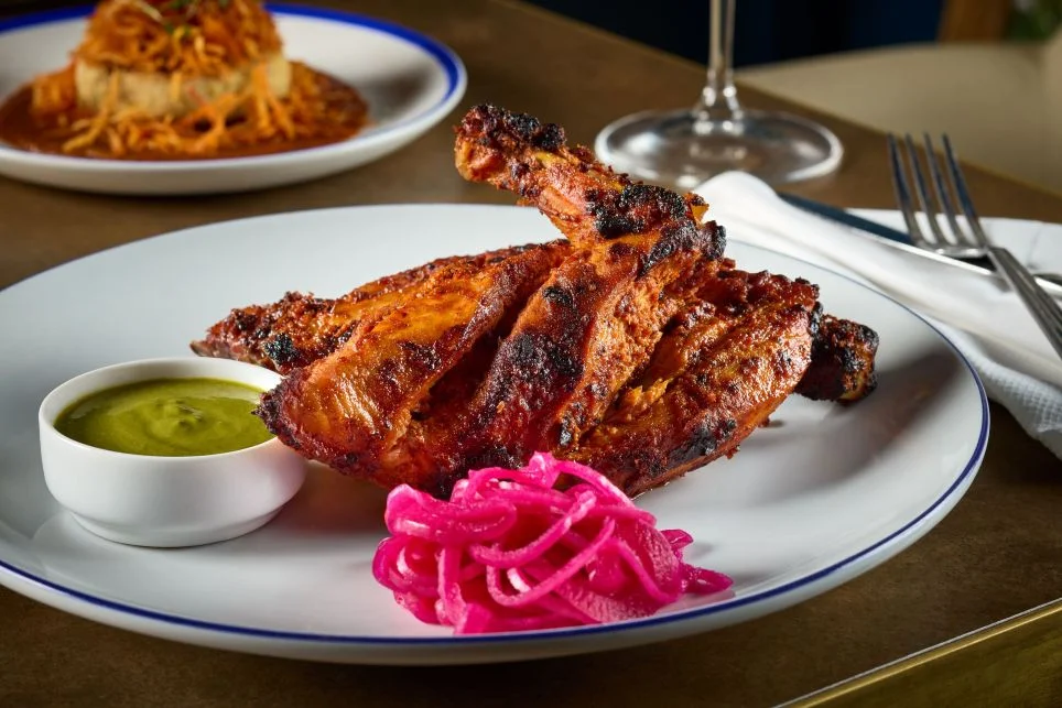 Grilled tandoori chicken with pickled onions