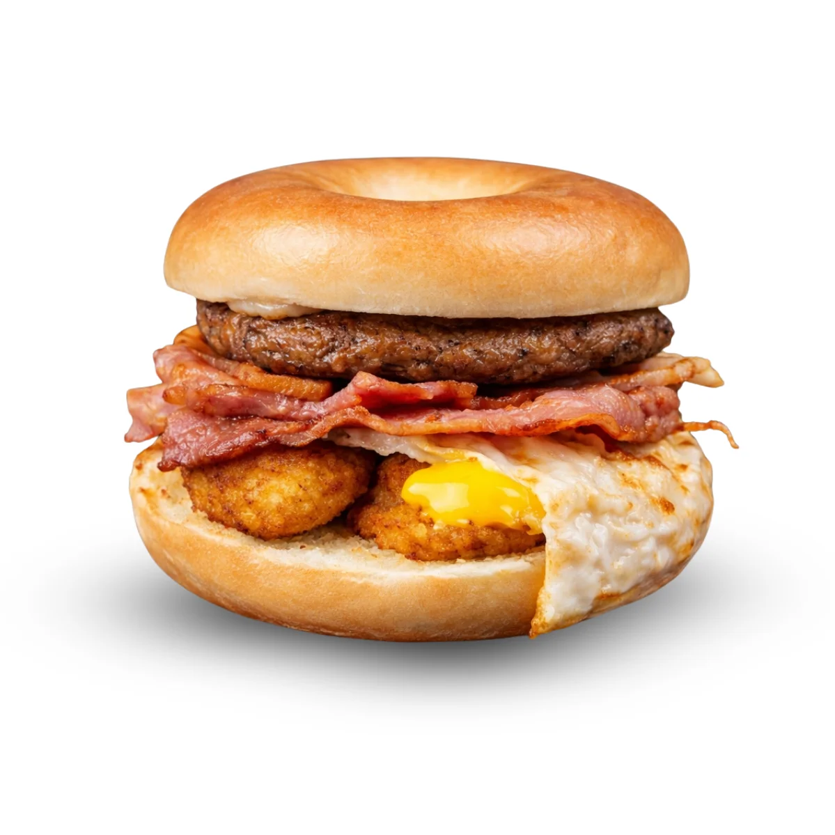 Deluxe bagel Sandwich with Egg, Cheese, tater tots, bacon and Sausage