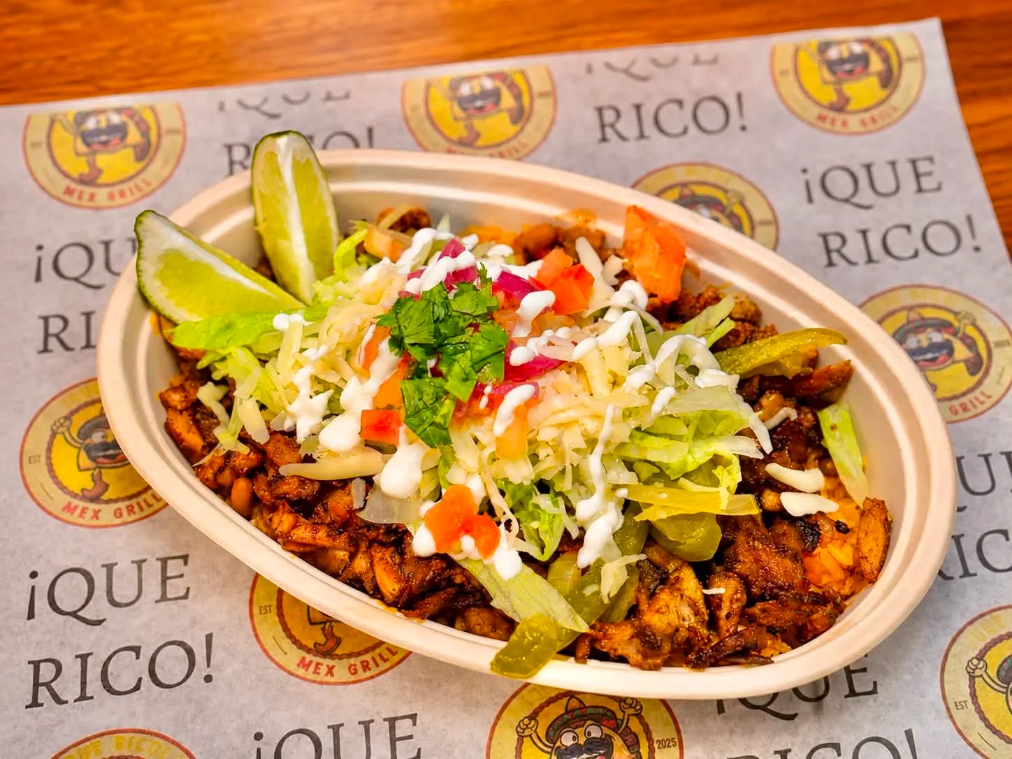 Delicious Mexican chicken burrito bowl with fresh toppings