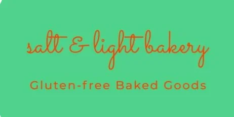 A graphic logo for a bakery that specializes in gluten-free baked goods, featuring a light green background with a stylized script.
