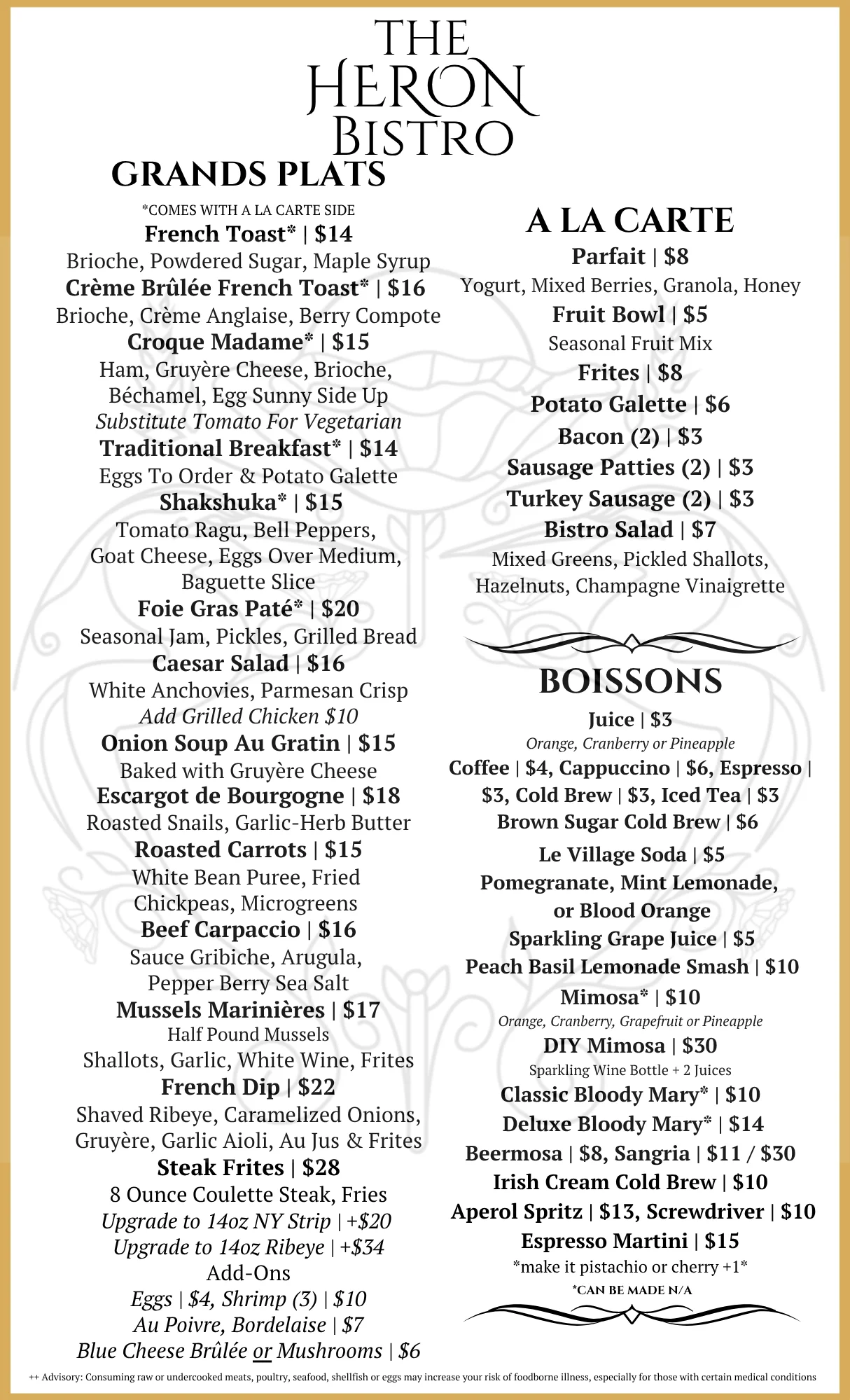 French toast, croque madame, eggs to order, foie gras, escargot, caesar salad, French onion soup, mussels, French dip, streak frites, mimosas, brunch, Bloody Mary, lunch, coffee