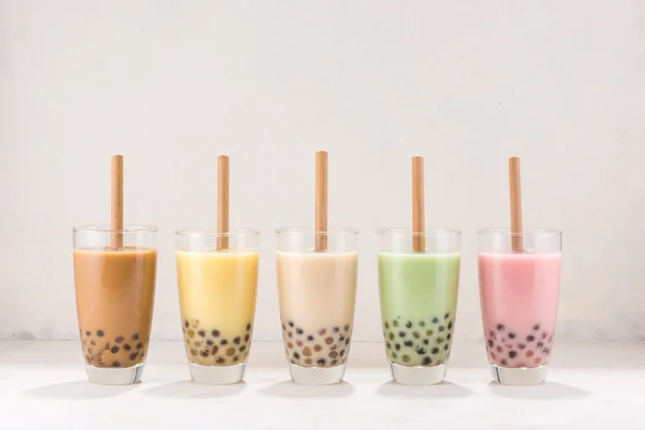 Colorful selection of bubble tea drinks with tapioca pearls