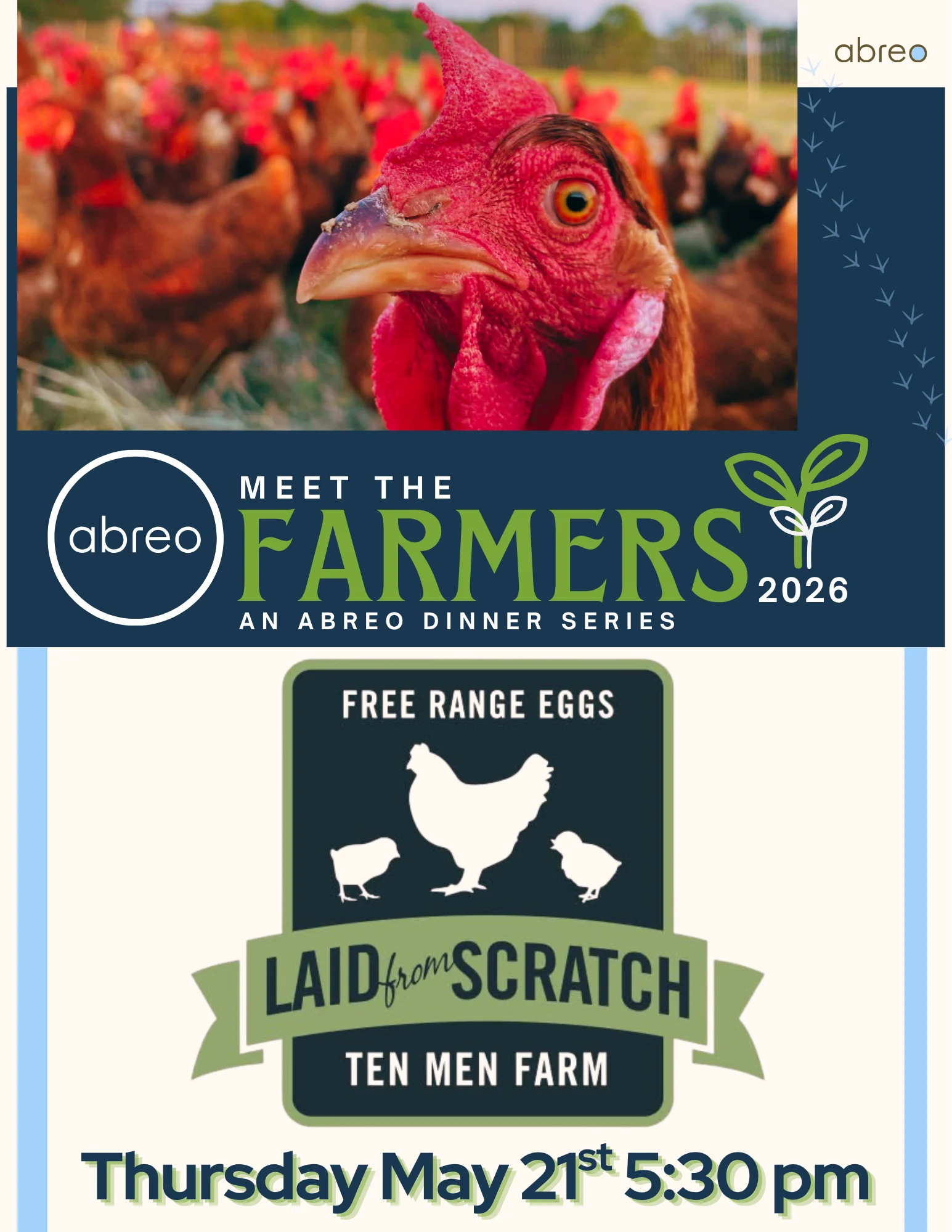 Promotional poster for Abreo's Meet the Farmers dinner series featuring chickens.