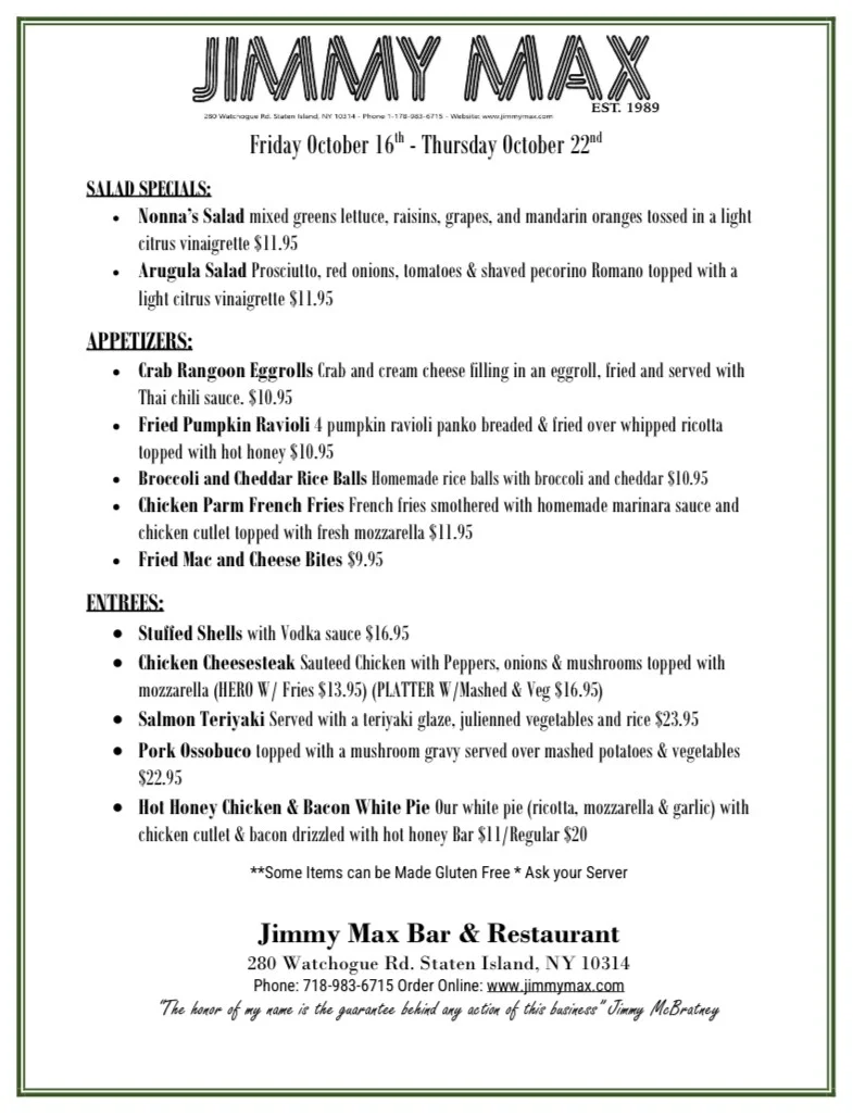 Jimmy Max Weekly Menu Specials