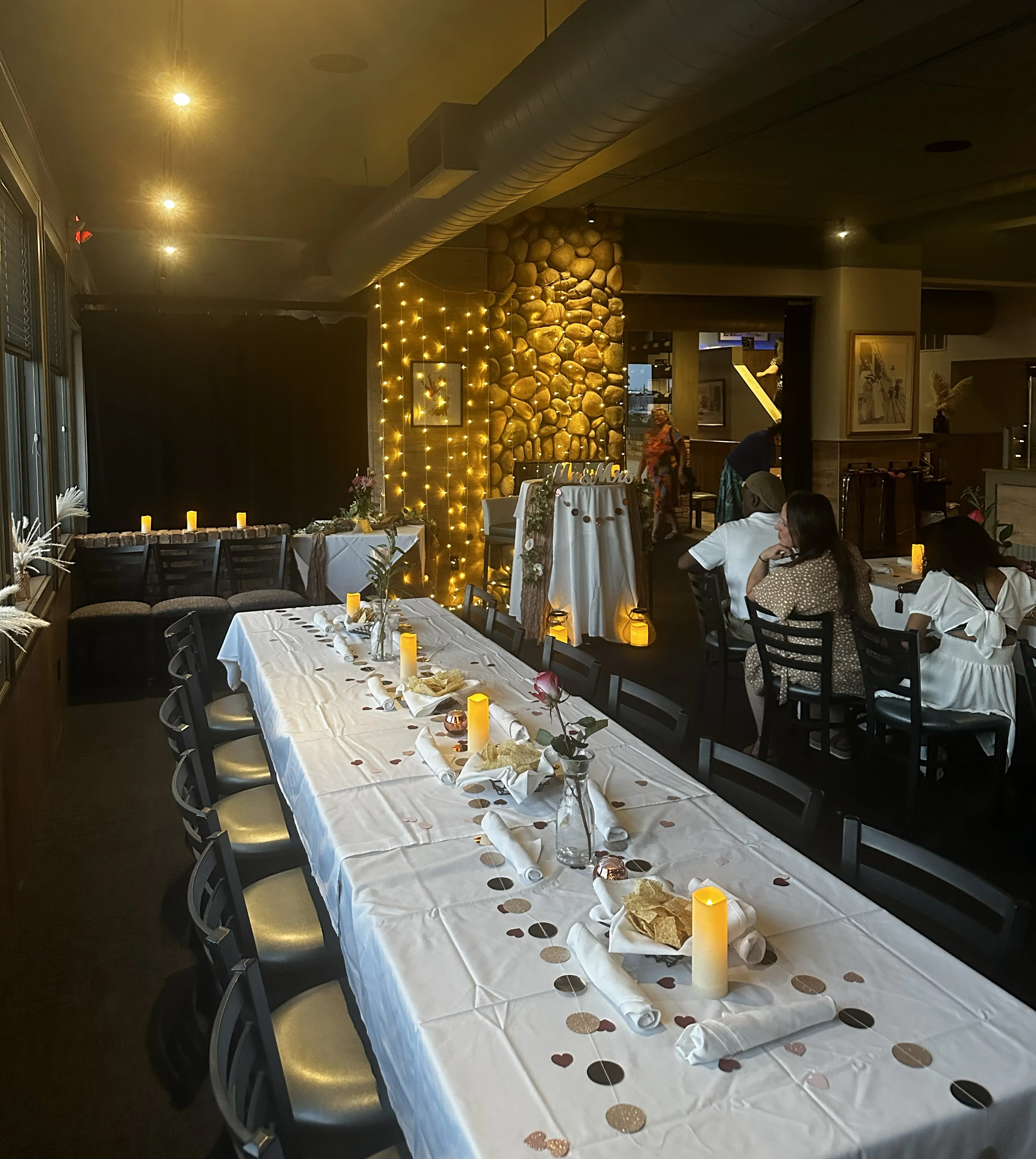 Cozy restaurant interior with colorful artwork and modern decor