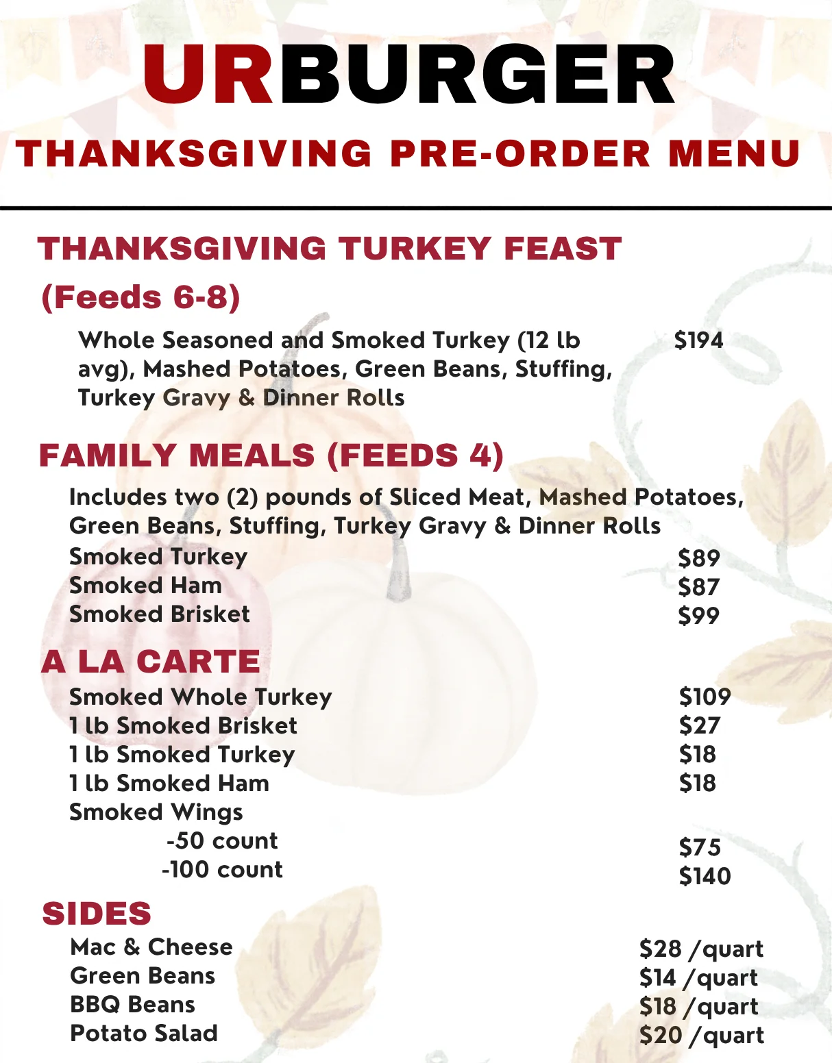 Thanksgiving pre-order menu flyer with smoked turkey feast and family meals