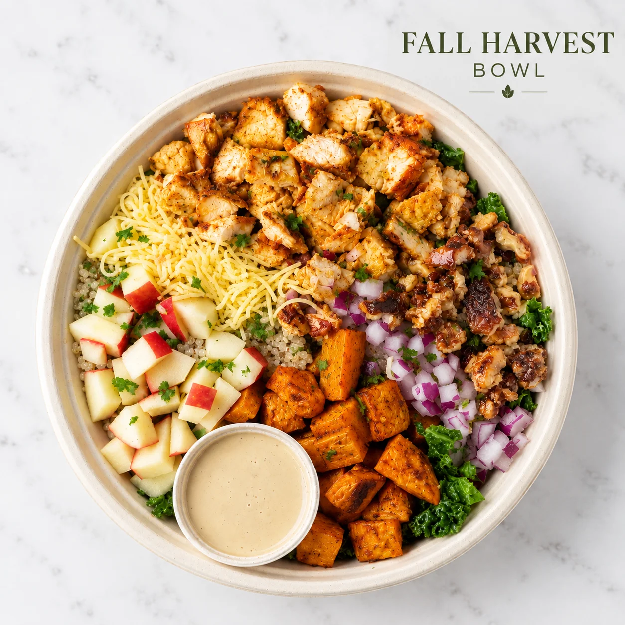 Colorful fall harvest bowl with chicken and seasonal vegetables