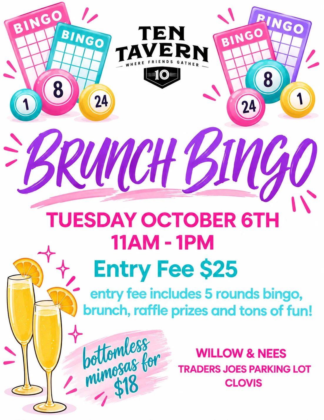 Daytime Bingo event with brunch and prizes.