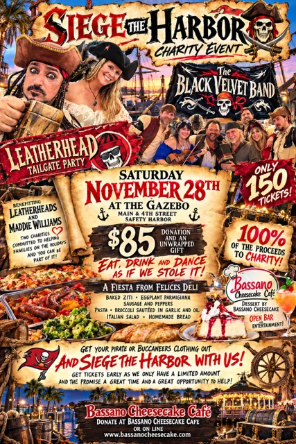 Pirate-themed charity event poster with ornate typography and illustrated restaurant branding