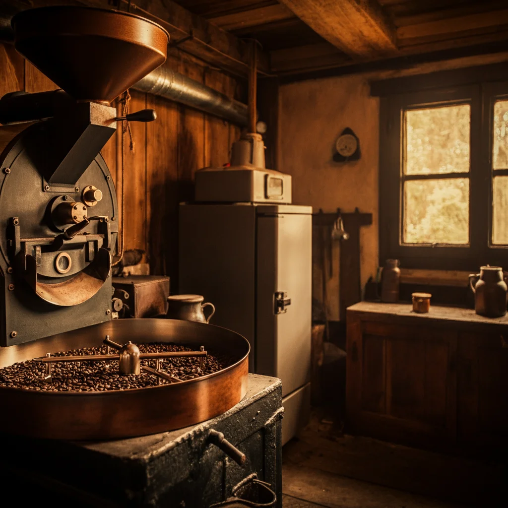 Vintage coffee roaster in a rustic kitchen setting