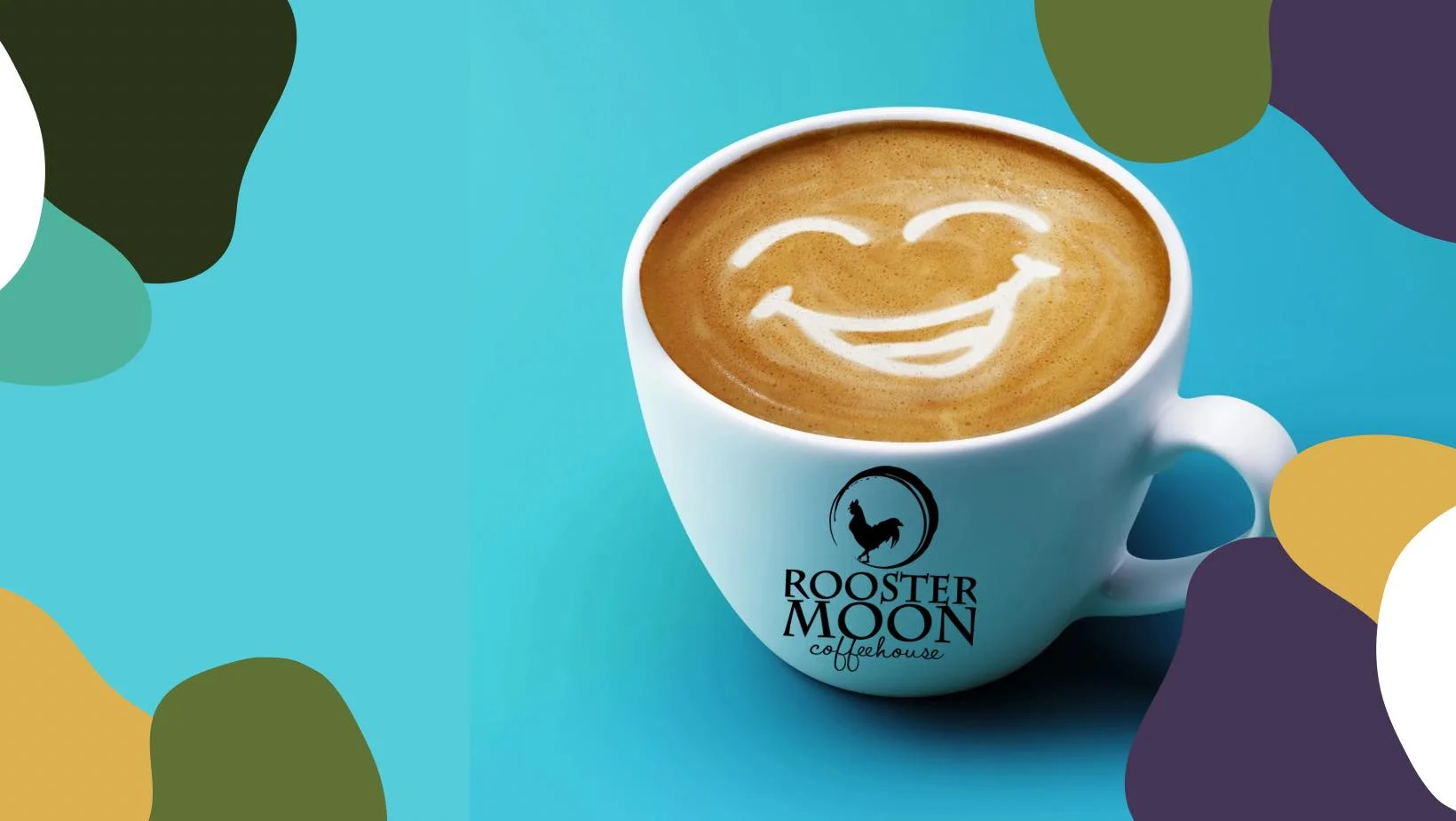 Coffee cup with latte art smile on a vibrant background