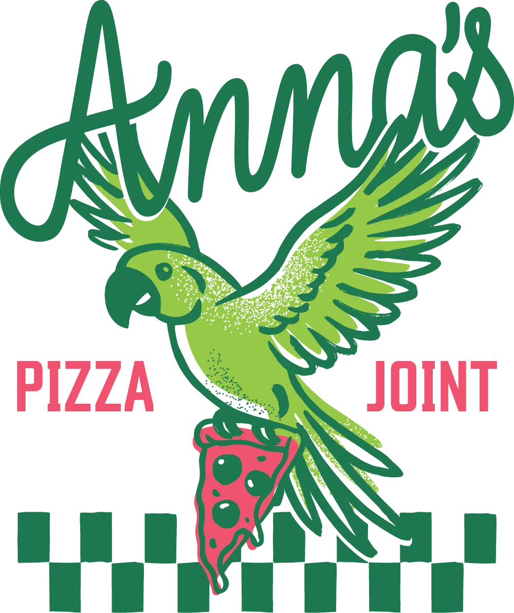 Colorful logo of Anna's Pizza Joint featuring a parrot and pizza slice