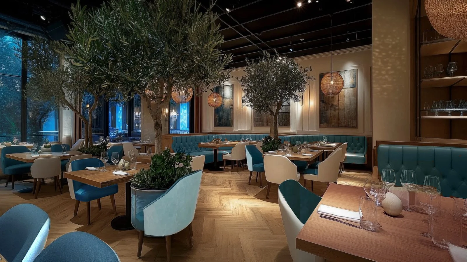 Elegant restaurant interior with olive trees and modern decor