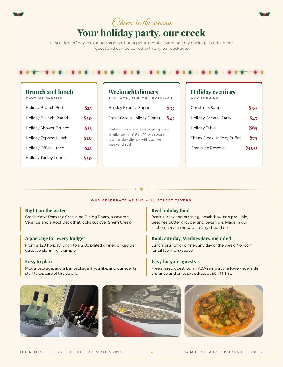 Mill Street Tavern holiday packages