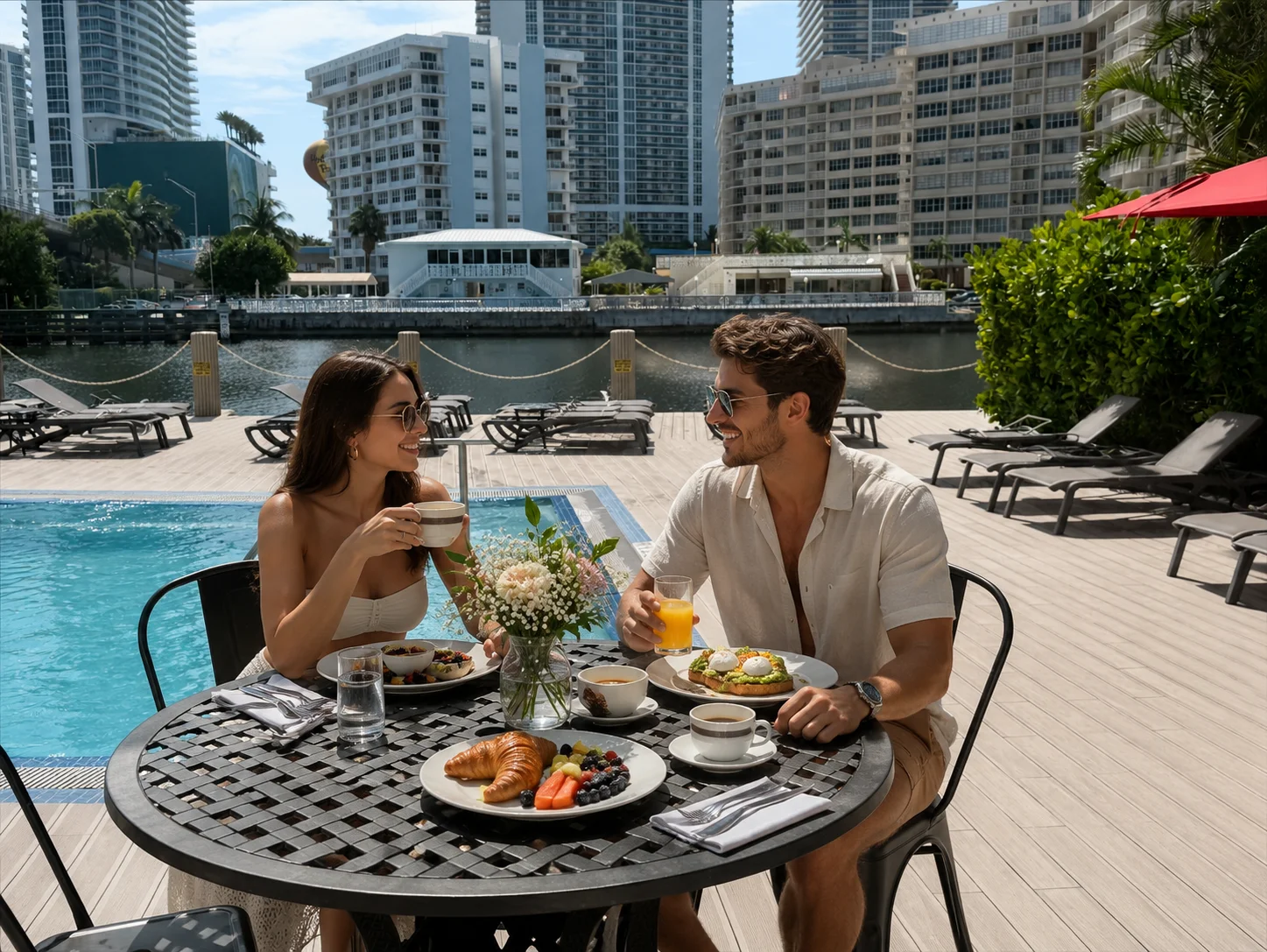 Couple enjoying brunch by the pool with avocado toast and pastries