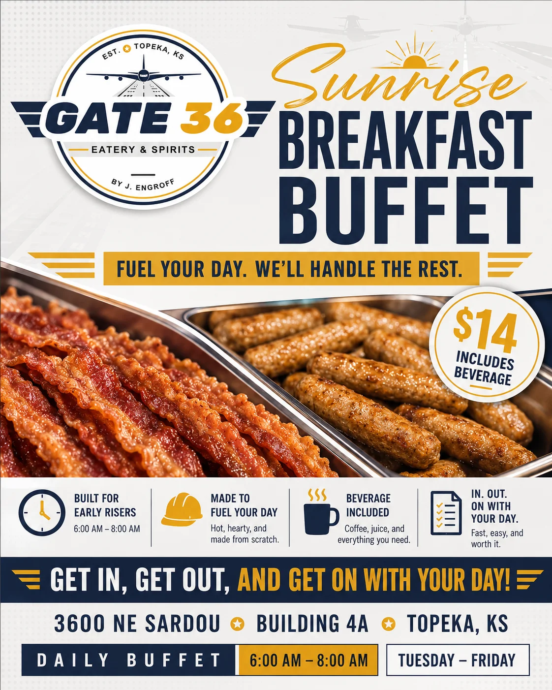 Breakfast buffet featuring crispy bacon and sausage links