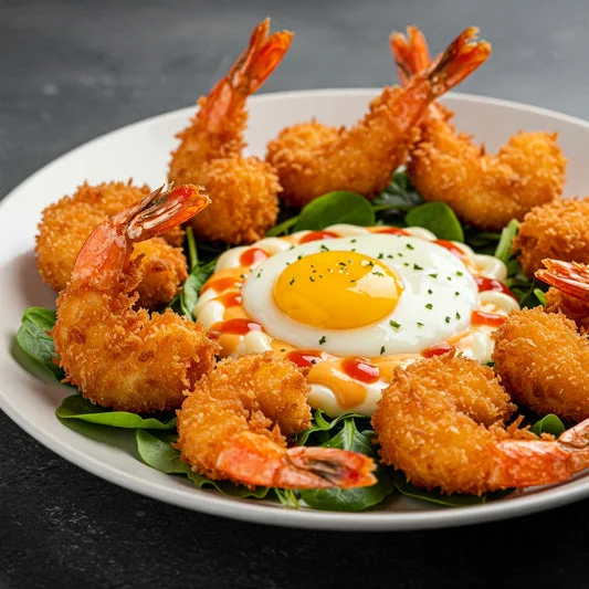 Crispy shrimp with egg and sauce on a bed of greens