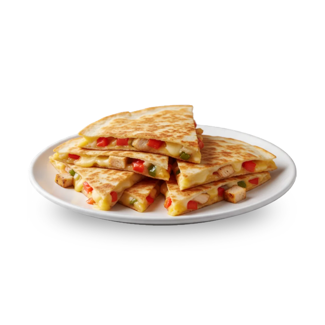 Cheesy chicken quesadillas on a white plate