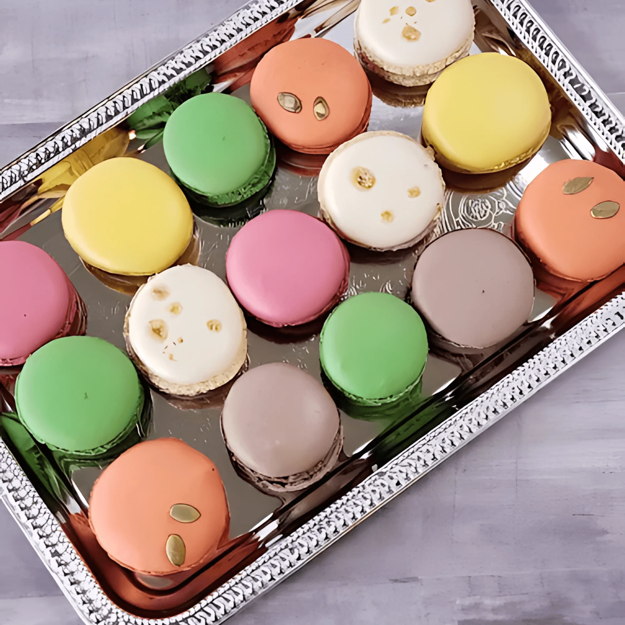 Colorful assortment of French macarons on a silver tray